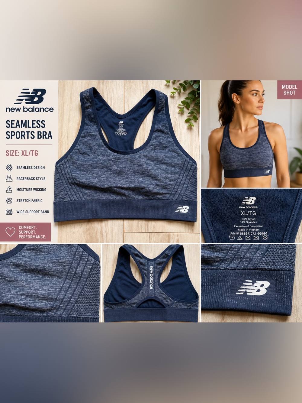 New Balance Seamless Racerback Sports Bra Gray Blue XL High Impact Workout